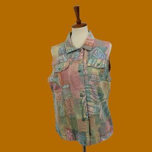 Vintage Colorful Western Denim Button Down Vest L